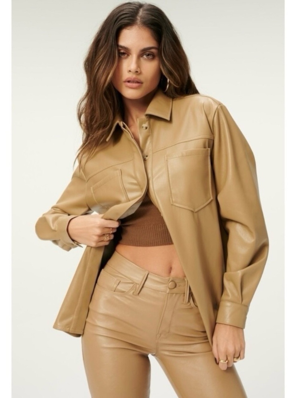 Good American Vegan Leather Split Back Shirt Jacket Shacket Warm Caramel Medium